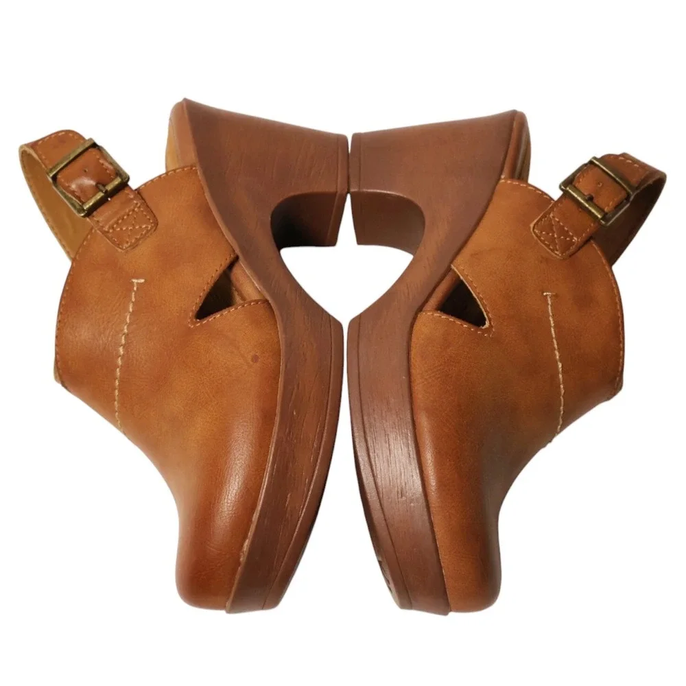 B.O.C. Tan Cognac Faux Leather Slingback Platform Clog Heels Size 7